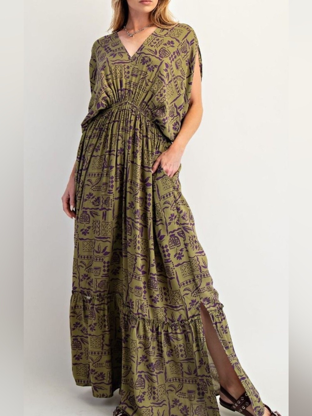Easel Olive Green & Purple Printed Boho Maxi Dress NWT - Picture 6 of 6